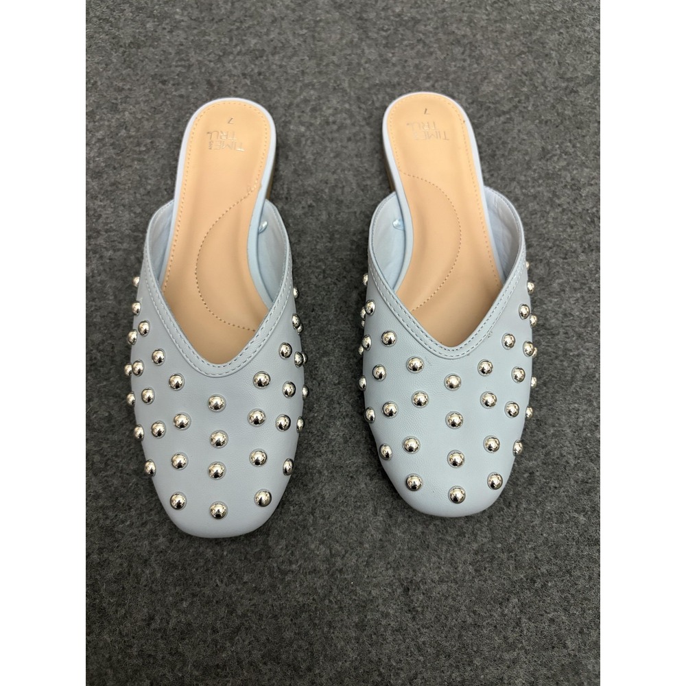 Time And Tru Shoes Womens Size 7 Blue Studded Slide Faux Leather Mules - Picture 2 of 5